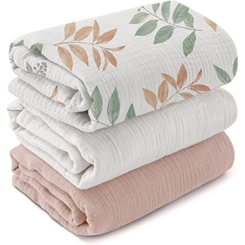 Muslin Swaddle Blankets for Newborn, 3 Pack Breathable Soft Receiving Blanket, Large 38 x 40 inches Swaddle Wrap Burping Clothes Diapers, Essentials Infant Shower Items, Toddler Gift (Gentle Colors)