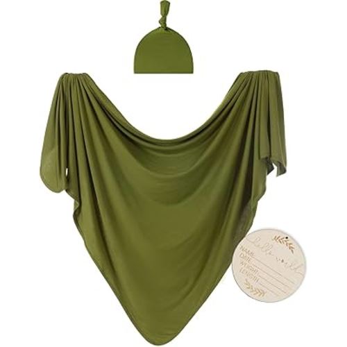 Large Jersey Knitted Swaddle Blanket for Baby, Soft Stretchy Receiving Blanket for Newborns with Hat, Baby Nursery Swaddle 47 x 47 inches(Olive)