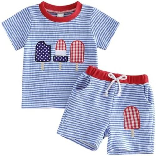 Toddler Baby Boy Summer Clothes Waffle Striped Embroidered T-Shirt Short Set Infant Outfit 6 12 18 Months 2T 3T