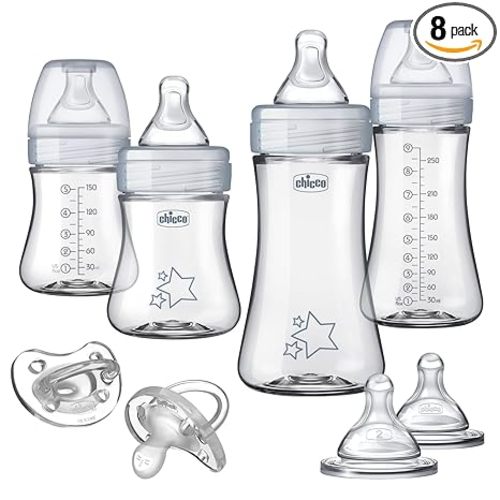 Chicco Duo Hybrid Baby Bottle Newborn Starter Giftset, Real Glass Inside, Lightweight Plastic Outside, Patented Invinci-Glass Technology, Intui-Latch Nipple, Clear/Grey
