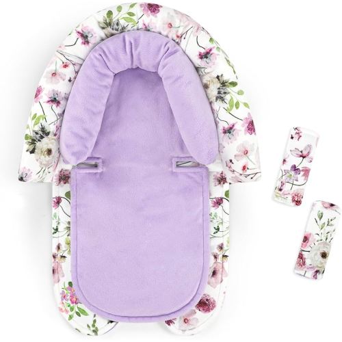 GFU Baby Car Seat Head Support for Newborn, 2 in 1 Infant Car Seat Head Body Support with Strap Pads, Soft Stroller Cushion Pillow Insert for Girls and Boys, Fits for Stroller, Swing, Purple Floral