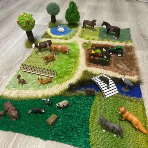 Handmade Sensory Play Mat, Montessori Farm Rug, Knitted Activity Mat, Waldorf Toy, Garden Play Rug, Pretend Play Accessories, Kids Gift