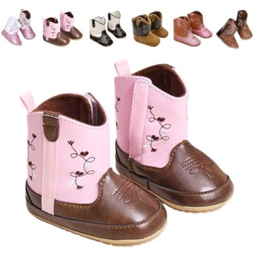 Baby Cowboy Boots for Boys & Girls Embroidery Western Baby Cowgirl Boots Infant Sequin Leather Baby Cowboy Boots Round Toe Ankle High Hook and Loop Shoes Slip-resistant Sole infant First Walker Newborn Soft Sole Flat Shoes