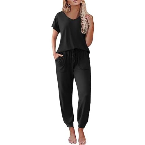 Ekouaer Pajama Sets for Women 2 Piece Lounge Sets Short Sleeve Pullover Top and Jogger Pants Pjs Sleepwear Tracksuit S-XXL