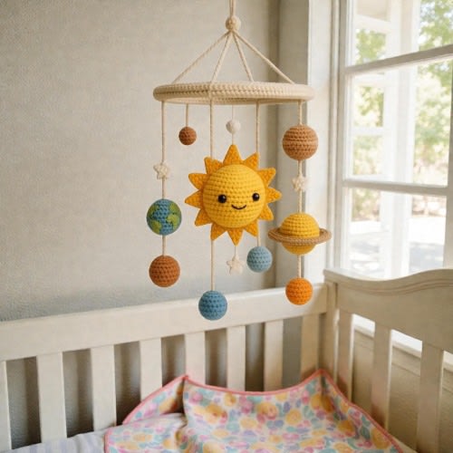 Handmade Solar System Crochet Mobile, Sun and Planets Hanging Decor, Space Theme Yarn Art, Nursery Room Accent