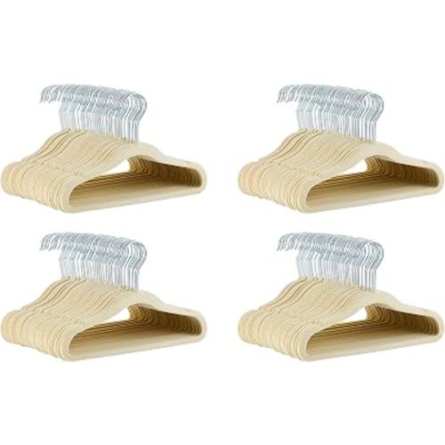 Amazon Basics Kids Space Saving Velvet Non-Slip Clothes Hangers with Shoulder Notches for Infant and Toddler, 11.6", Beige 50 Count (Pack of 4)