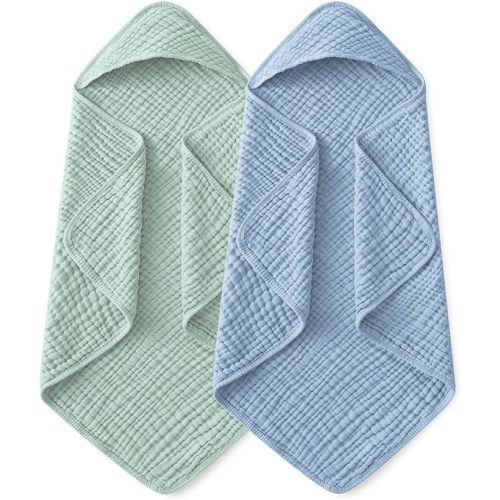 Yoofoss Hooded Baby Towels for Newborn 2 Pack 100% Muslin Organic Cotton Baby Bath Towel with Hood for Babies, Infant, Toddler and Kids, 37.5"x37.5", Soft and Absorbent Newborn Essential,Blue&Green