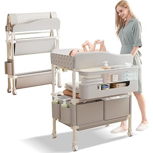 Baby Changing Table, Versatile Folding Changing Table with 2 Drawers, Portable Baby Diaper Changing Station with Toy Holder, Adjustable Height Mobile Nursery Diaper for Infant and Newborn