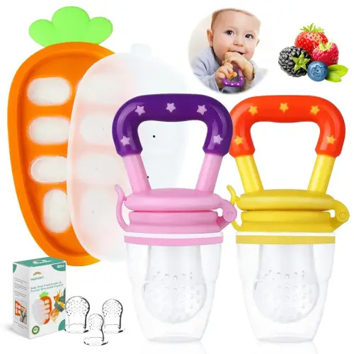 Baby Fruit Feeder with Ice Tray, BPA-Free Silicone Teether & Infant Feeding Set for 3-24 Months, Leak-Proof, Ergonomic Handle – Perfect for Puree, Yogurt & Frozen Snacks（Pink Yellow）