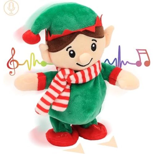 Hopearl Talking Singing Elf Repeats What You Say Walking Electric Interactive Animated Toy Speaking Plush Buddy Gift for Toddlers, Green, 8.5''
