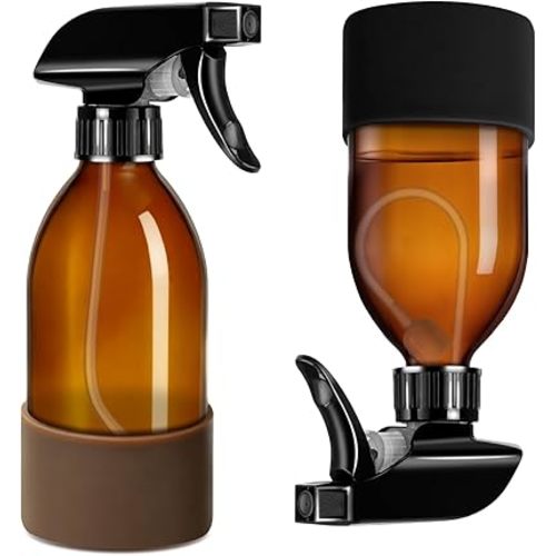 Tecohouse 2 Pack 360° Amber Glass Spray Bottles with Silicone Sleeve, 8 oz Empty Refillable Containers with Adjustable Spray Nozzles, Dark Spray Bottles for Cleaning Solutions, Plants (Black & Brown)
