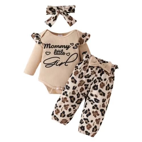 Curenmufel Baby Girls Romper Pants Set Newborn Outfit Ribbed Ruffle Long Sleeve Romper Pant Set Newborn Infant Fall Winter Print 3Pcs Outifts 0 3 6 9 12 18 24 Months (Beige,3-6 Months)