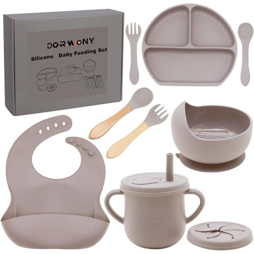 100% Silicone baby feeding set,BPA free Baby dishes set with Suction Bowl Divided Plate,Toddler Self Feeding Dish Set with Spoons Forks Sippy Cup And Bib, Baby Eating Utensils (Beige)