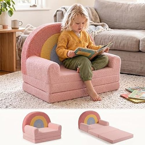 little dove Extra Wide Soft Kids Couch Fold Out, 2-in-1 Kids Couch, Convertible Kid Sofa, Kid Furniture for Playroom, Ideal Gifts for Boys & Girls Ages 3+, Pink
