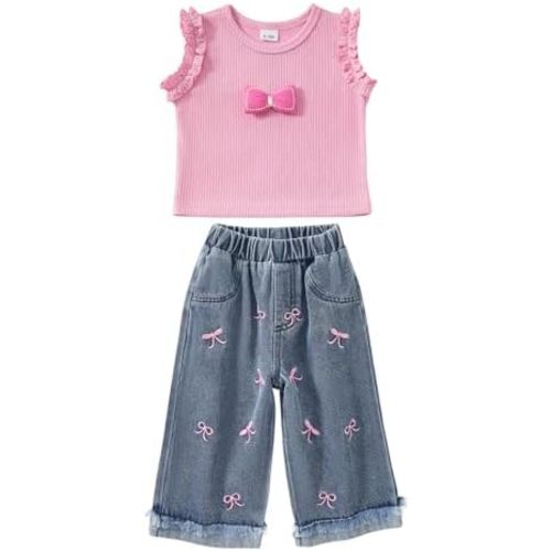 Toddler Baby Girl 2 Piece Outfits Pink Ruffle Sleeve Bow Top & Bow Print Denim Jeans Set Cute Casual Summer Clothes