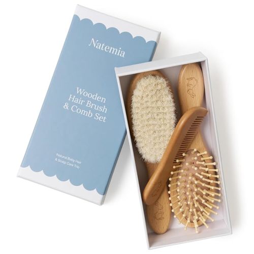 Natemia Wooden Baby Hair Brush - Natural Goat Hair Bristles - Gentle Soft Bristles for Scalp Massage - Cradle Cap Comb for Flake Removal - For Baby Grooming Kit & Toddler Hair Brush