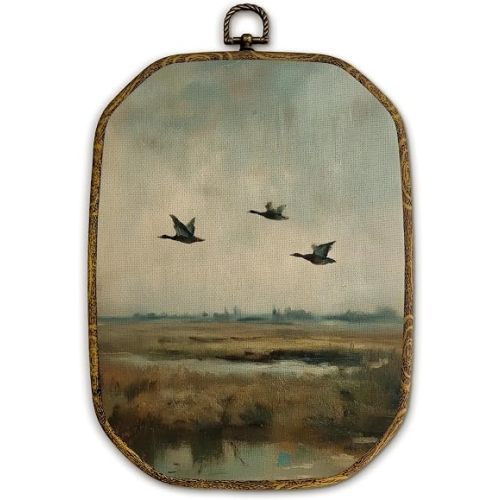 Yjeslw Vintage Flying Duck Octagon Wall Art Decor, Rustic Farmhouse Framed Canvas Prints, Cottagecore Farm Animals Landscape Wall Hanging Decorations for Home Bedroom Living Room Decor, 10.2x7 Inches