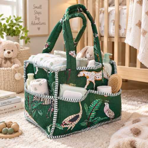 Handmade Cotton Quilted Baby Diaper Caddy, Nursery Storage Basket, Travel Organizer (Green)