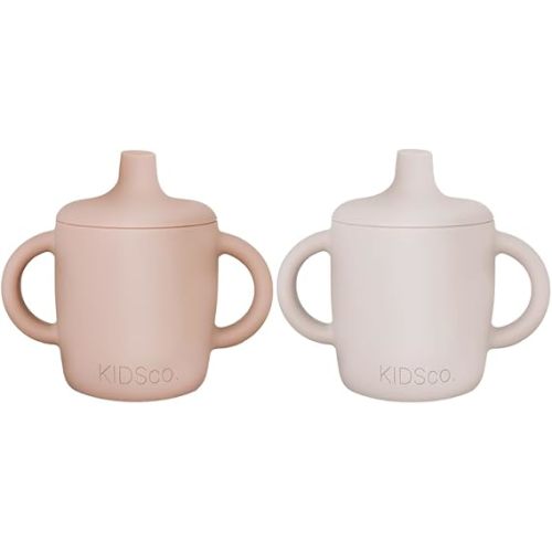 KIDSco. Silicone Sippy Cups (2 Pack) – Soft Spout & Easy Grip Handles for Babies 6+ months, Plastic Free, Toxic Free Silicone, Leak-Resistant, Dishwasher Safe (Pink and Sandy Shore)