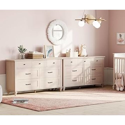 WAMPAT 2-in-1 Baby Dresser for Bedroom, Elegant Kids Dresser Wooden Dresser for Kids Room, 7 Drawer Dresser Set Organizer for Children's Bedroom, Nursery Furniture, Beige