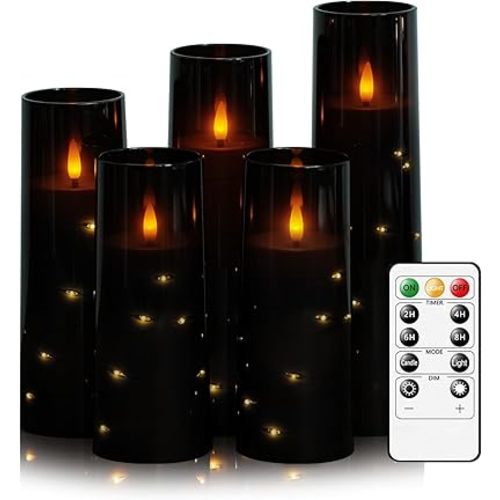 kakoya Flameless LED Candles with Timer 5 Pc Flickering Flameless Candles for Romantic Ambiance and Home Decoration Stable Acrylic Shell,with Embedded Star String,Battery Operated Candles（Black）