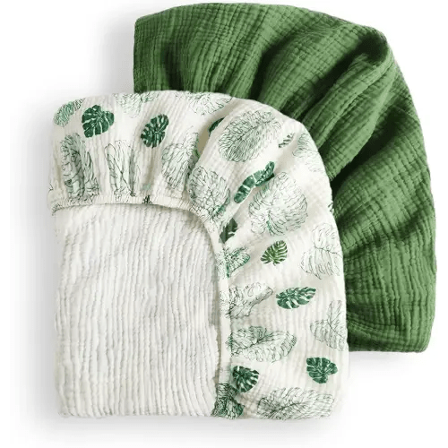 Blissful Diary Muslin Crib Sheets, 2 Pack, Monstera & Dark Green