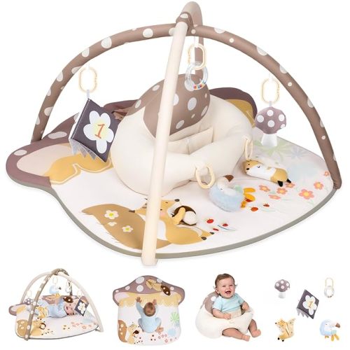 Baby Play Mat & Baby Seats for Infants for Sitting Up | Tummy Time Gym Activity Mat with 5 Detachable Toys for Stage-Based Sensory | Babies Essentials Gift for Newborn 0-6-12-18 Months (Beige)