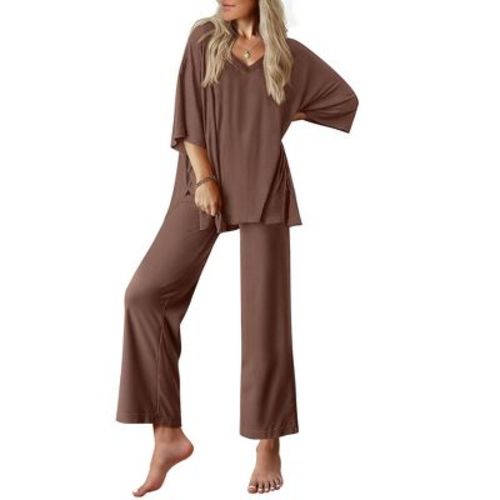 Ekouaer Lounge Sets for Women Pajamas Set Short Sleeve Tops and Long Pants Soft 2 Piece Outfits with Pockets Brown M
