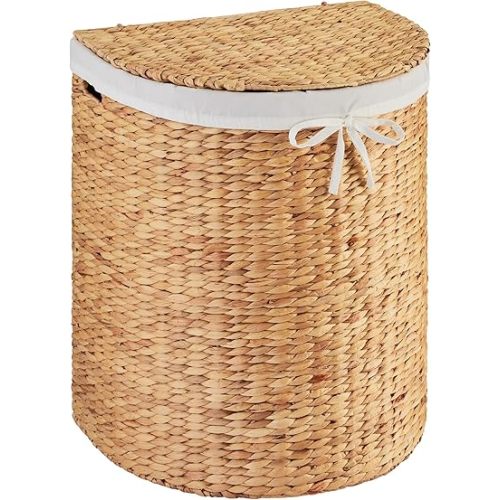Best Choice Products Half Moon Laundry Hamper w/Lid, Woven Half Round Laundry Basket, w/Removable Liner & Bult-in Handles for Bathroom, Bedroom & Laundry Room - Natural