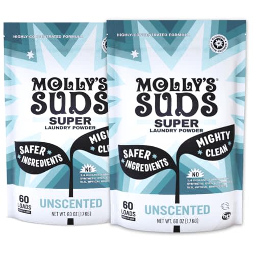 Molly's Suds Unscented Super Powder Detergent | Extra Strength Laundry Soap, Stain Fighting | Sensitive Skin | Simple, Effective Ingredients | 120 Loads Total (2 Pack)
