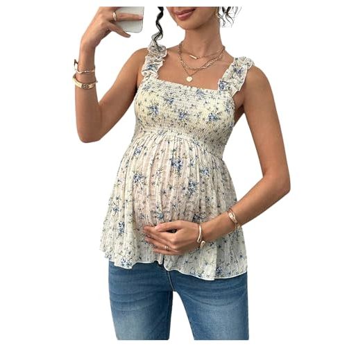 SweatyRocks Women's Maternity Tank Tops Floral Babydoll Top Square Neck Smocked Peplum Blouse Shirts