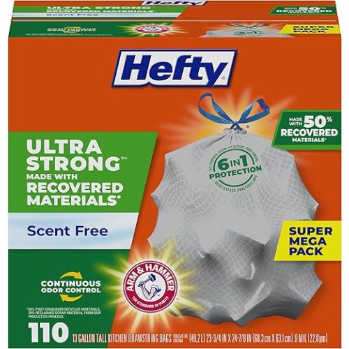 Hefty Ultra Strong Made with 50% Recovered Materials* Tall Kitchen Trash Bags, Gray, Unscented, 13 Gallon, 110 Count