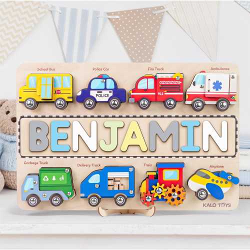 Custom Wooden Name Puzzle, Montessori Vehicle Toy for Baby Boy, Personalized Newborn Boy Gift, First Birthday Gift, Car Lover Busy Board