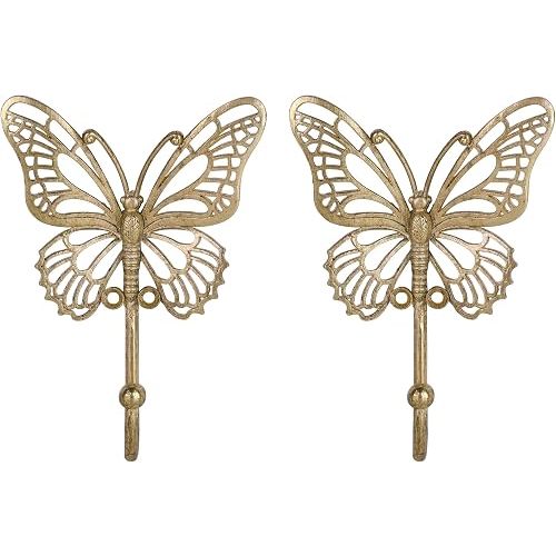 SOFFEE DESIGN 2PCS Gold Butterfly Wall Hooks, Openwork Metal Key Holders, Delicate Boudoir Decor with Wing Cutouts