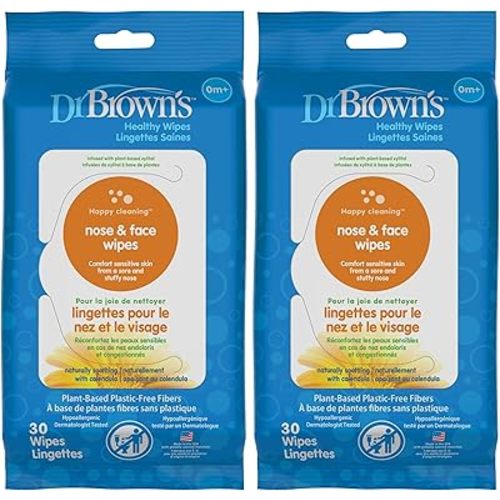 Dr. Brown's Nose and Face Healthy Wipes, Safe Cleaning and Moisturizing for Babies and Toddlers, Hypoallergenic for Sensitive Skin, 30 count, 2-Pack (Packaging May Vary)
