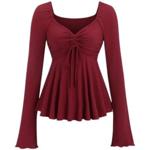 SOLY HUX Women's Peplum Tops Long Sleeve Babydoll Shirts Y2k Cute Tie Front Sweetheart Neckline Top