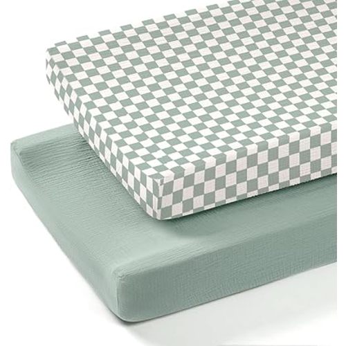 lulumoon Muslin Changing Pad Cover: 2-Pack Soft Breathable Cotton Vintage Plaid Print for Baby Boys - Nursery & Baby Shower