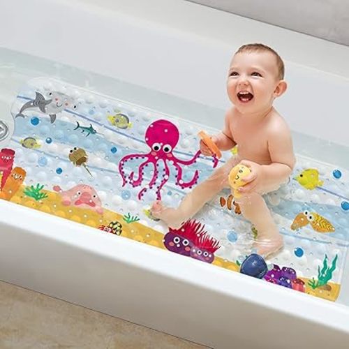 Yolife Non Slip Bathtub Mat, 16x39inch Kids Bath Mat Anti-Slip Cartoon Bathroom Floor Mat Shower Mat with Suction Cups and Drain Holes, Octopus