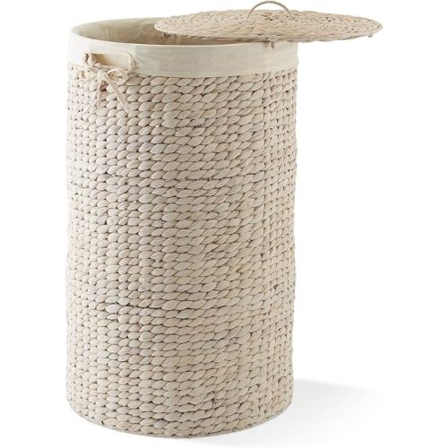 Casafield Round Laundry Hamper with Lid and Removable Liner Bag - Whitewash, Woven Water Hyacinth Wicker Laundry Basket for Clothes and Towels