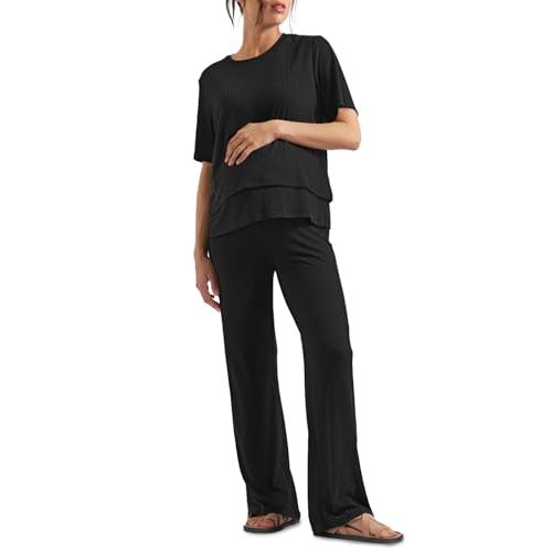 Tankaneo Womens Postpartum Maternity Pajamas 2 Piece Sets Rib Short Sleeve Nursing Tops and Elastic Waist Pants Loungewear