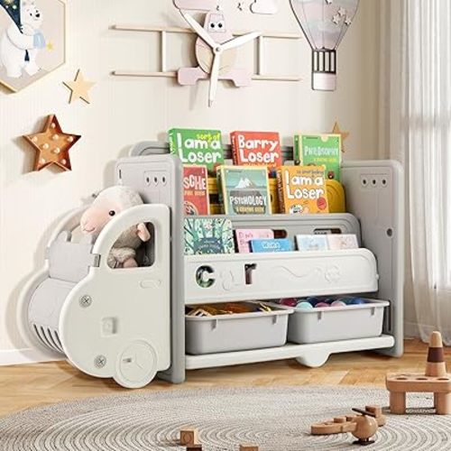 Costzon Car-Shaped Toy Storage Organizer, Car-Shaped 3-Tier Toy Shelf w/Bookshelf, 2 Storage Boxes, Toddler Bookshelf for Preschool, Kindergarten, Kids Room, Playroom, Nursery (Gray)