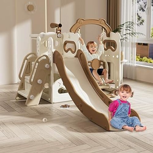 DOREROOM Toddler Slide, Swing and Slide for Toddlers Kids Age 1-3 with Basketball Hoop Telescope Indoor Outdoor Slide Playset Playground (Coffee White Swing)
