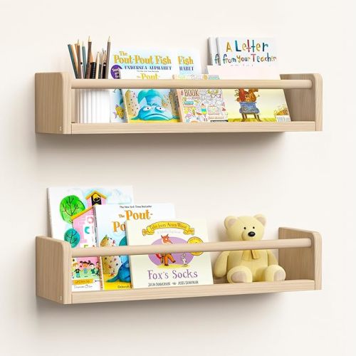 upsimples 2 Pack Nursery Book Shelves, 15.7 Inch Floating Bookshelves for Wall, Baby Nursery Decor, Small Solid Wood Wall Mounted Shelves for Baby Kids Boys Girls, Natural