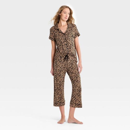 Women's Cloud Knit Short Sleeve Notch Collar Top and Cropped Pants Pajama Set - Auden™ Tan XXL