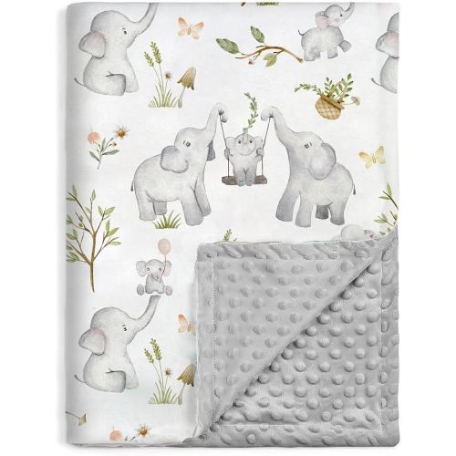 BOPRIO Baby Blankets for Unisex Boys Girls, Super Soft Nursery Minky Blankets with Baby Elephant Design and Dotted Fleece Backing, Printed Bed Throws Newborn