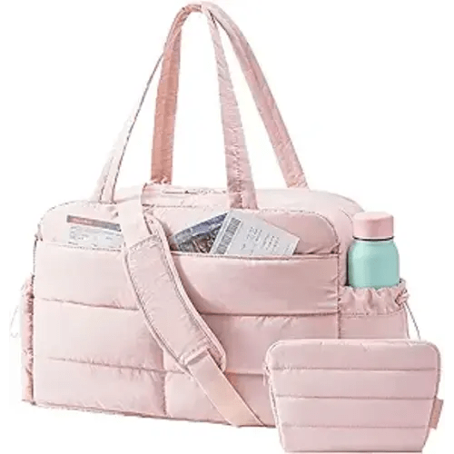 BAGSMART Gym Bag for Women, Lightweight Puffer Duffle Bag 2-PC Travel Bag, 31L Weekender Overnight Bag Quilted Carry On Tote Bag, Diaper Hospital Dance Bag for Travel, Gym, Water Resistant, Pink