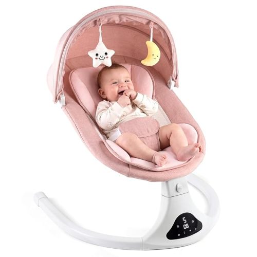 Electric Baby Swing with Remote Control - 5 Natural Motion Speeds, Detachable Seat Pad, Bluetooth Music Speaker, Portable Infant Swing for Indoor/Outdoor Use (0-12M, 20lbs, Pink)