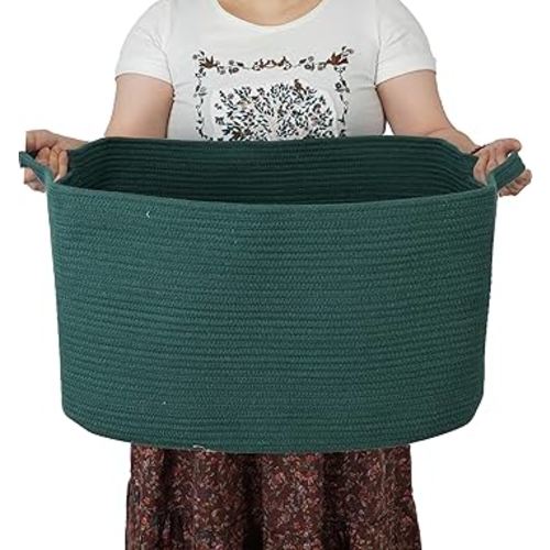 Large Rectangle Blankets Basket Living Room 22"x17"x12" Woven Cotton Rope Storage Basket for Nursery Toy Baskets for Kids and Dogs Wicker Laundry Baskets Bin for Clothes Towels dark green