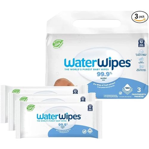 WaterWipes Plastic-Free Original Baby Wipes, 99.9% Water Based Wipes, Unscented & Hypoallergenic for Sensitive Skin, 180 Count (3 packs), Packaging May Vary - 60 Count (Pack of 3)