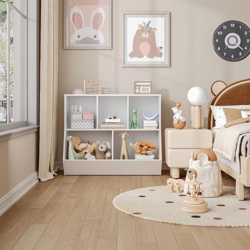 HOOBRO Kids Bookshelf, Bookcase Footboard, Toy Storage Cubby, Children's Toy Shelf, 35.4" L Storage Cabinet, Fit for Children's Room, Playroom, Hallway, Kindergarten, White WT32CW01